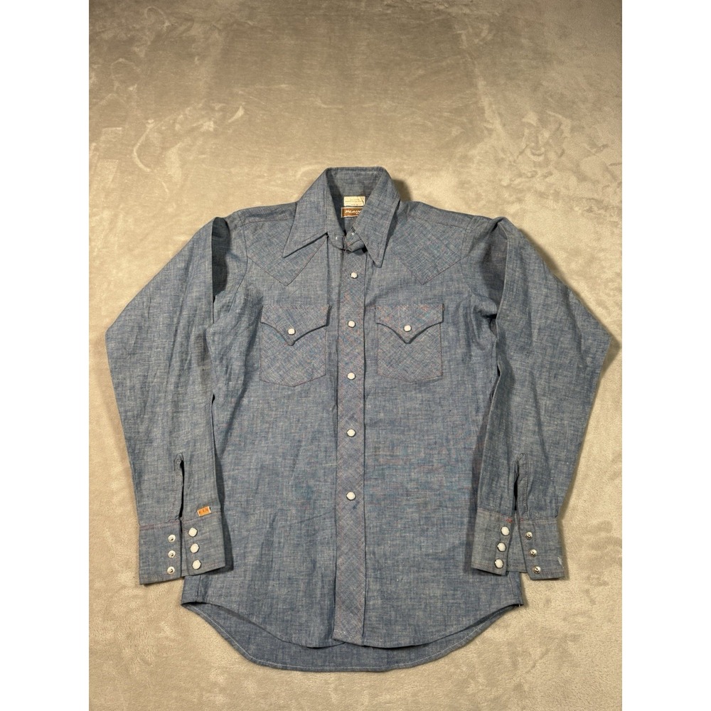 Vintage 60s Ely Plains Rider Denim Pearl Snap Shirt Size Small Western Cowboy